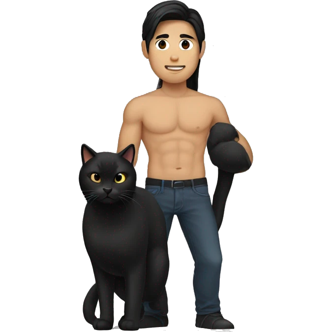 Long hair Asian man with abs holding black cat emoji