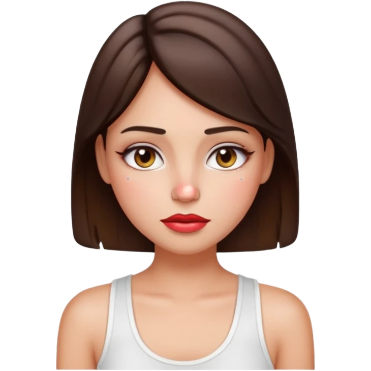 “Emoji brunette girl white tanktop, dewy skin, heavy blush across cheeks and nose bridge, glossy cherry lips, soft eyeliner, teary sparkling eyes like hanni from new jeans emoji