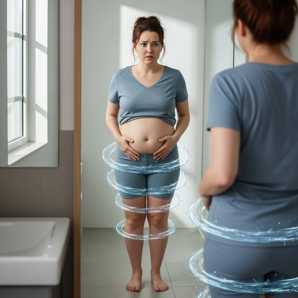 A woman in her 30s standing in front of a mirror, looking concerned. Her face is slightly puffy, and her abdomen and ankles show visible swelling. Transparent bluish water-like textures subtly wrap around her legs and midsection, symbolizing fluid retention.  emoji