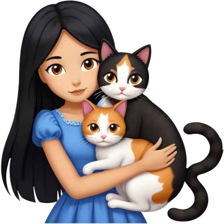 A beautiful girl with long black hair wearing a dress hugs a cat of three colors emoji