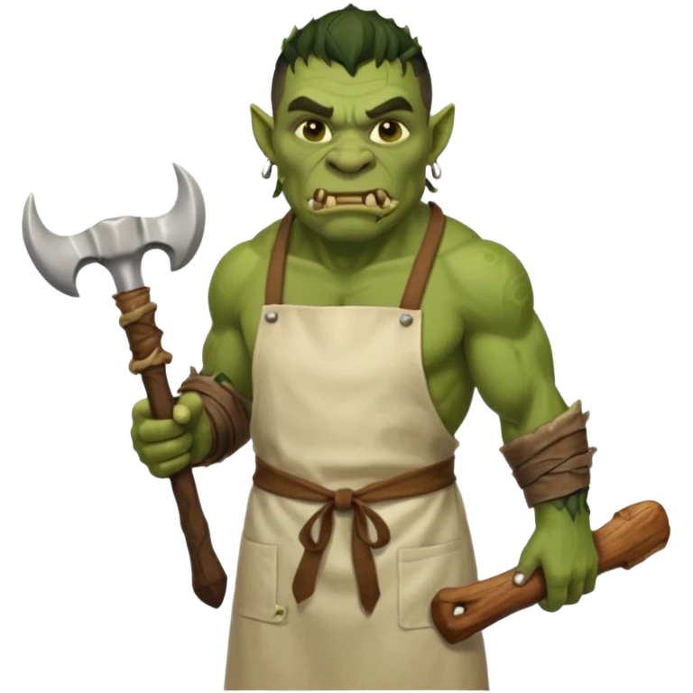 orc male Apron with "Kiss the Cook" (scratched out, replaced with "Fear the Cook"), giant rib bone as a weapon. emoji