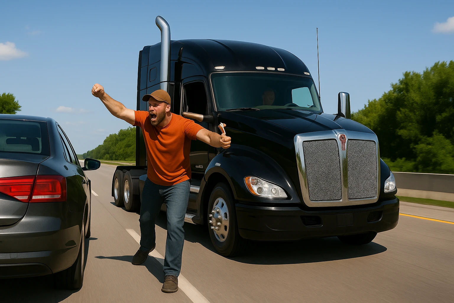 Zoom the scene out so the view is a little farther away, showing more of the road and both vehicles. Keep the black Kenworth W680 semi with chrome stack, angry bald driver in orange shirt and baseball cap, arm out the window, following a car. Scene should remain bright and vibrant. emoji