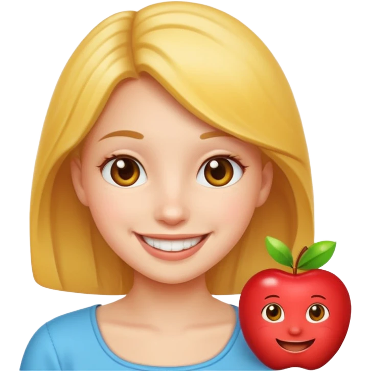 cheerful pose cute girl apple emoji style. don't hold an apple emoji