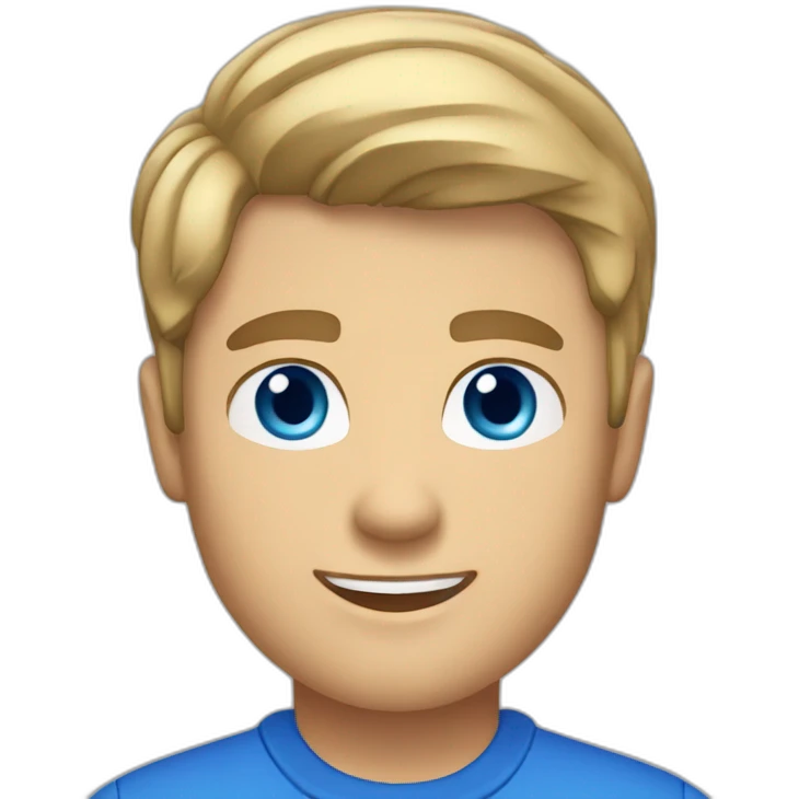 caucasian male, short dark blonde hair, blue eyes, blue polo shirt, dimples emoji