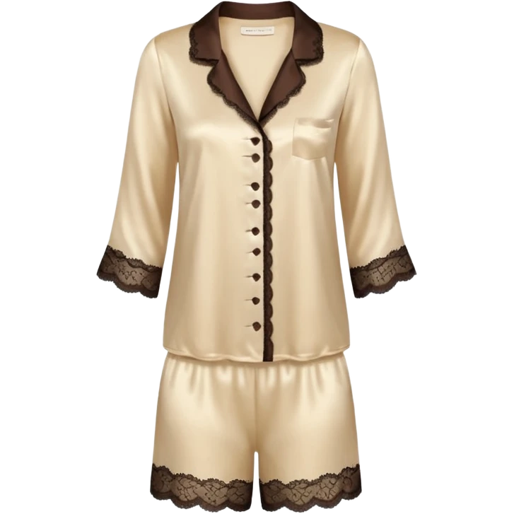 Cream and dark brown color silk pajamas with lace trim emoji