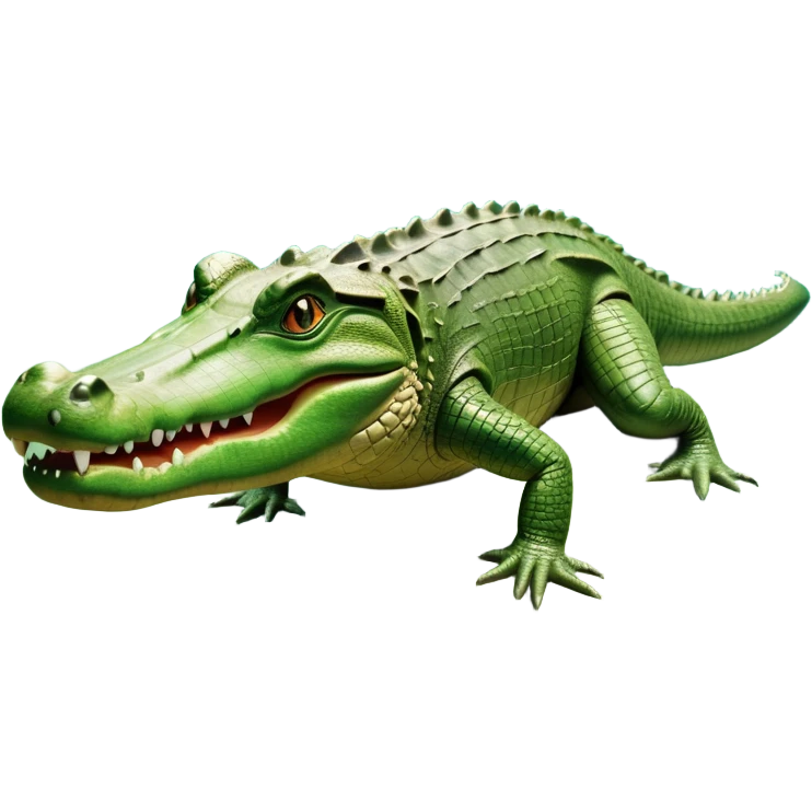 cinematic-crocodile-realistic-full-body-on all fours-emoji,-massive-scaled-body-partially-submerged-in-shallow-water,-head-tilted-dramatically,-rough-green-and-brown-hide-textured-with-deep-ridges,-simplified-yet-realistic-focused-features, head held high emoji