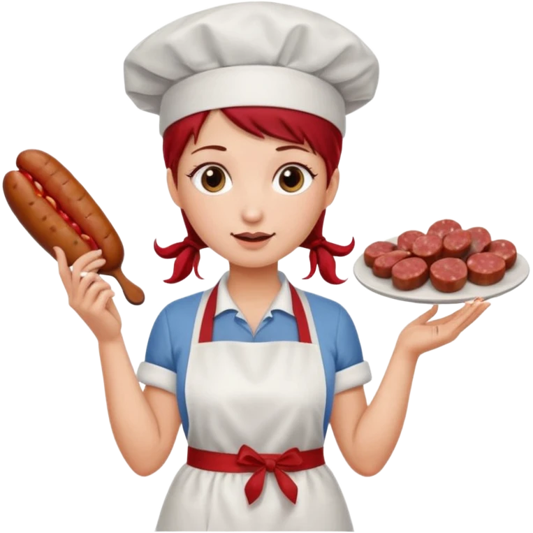 Charcutera con un chorizo y embutido en la mano con una redecilla en el pelo y delantal blanco y añade mucha carne alrededor emoji