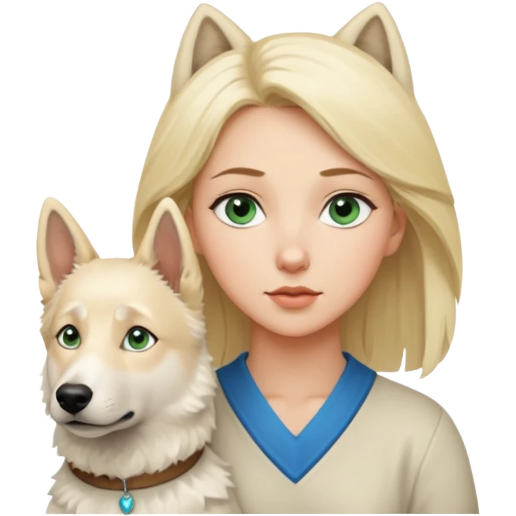 A white blonde Hair Woman with blue Green eyes with a White Shepard with a little bit beige in the fur in a lovely pose  emoji