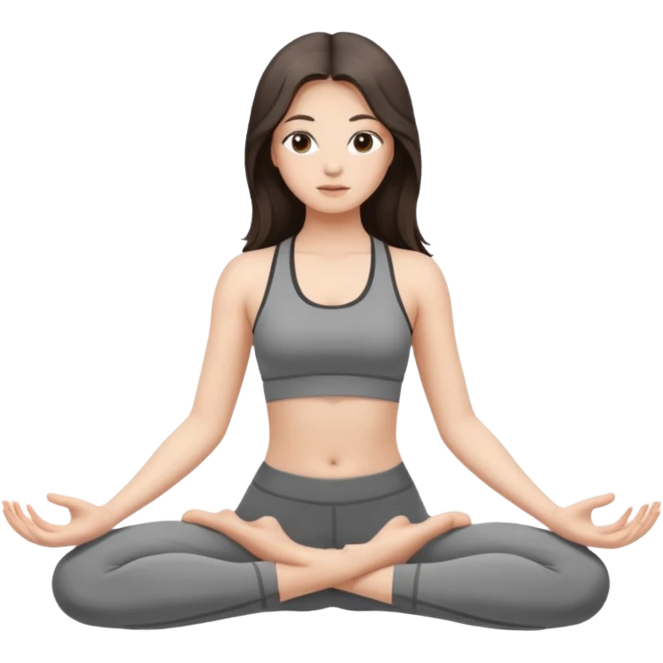 a brunette girl doing yoga, she is wearing a grey fit and she has dark long and loose hair.  emoji