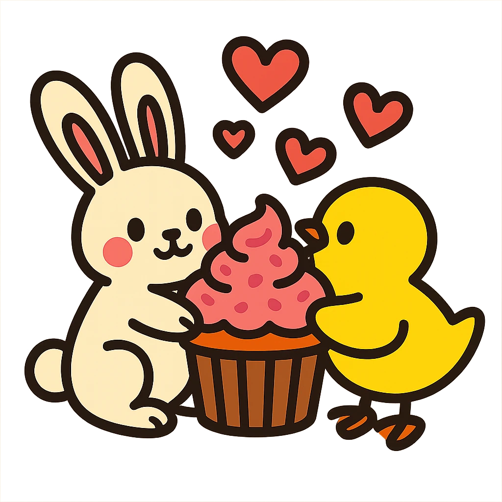 bunny and chick sharing cupcake with hearts floating, vibrant toon style emoji