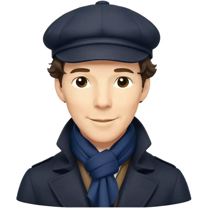 sherlock holmes benedict cumberbatch smile, wearing a deerstalker hat, Long dark coat, Dark suits, dark Blue scarf emoji