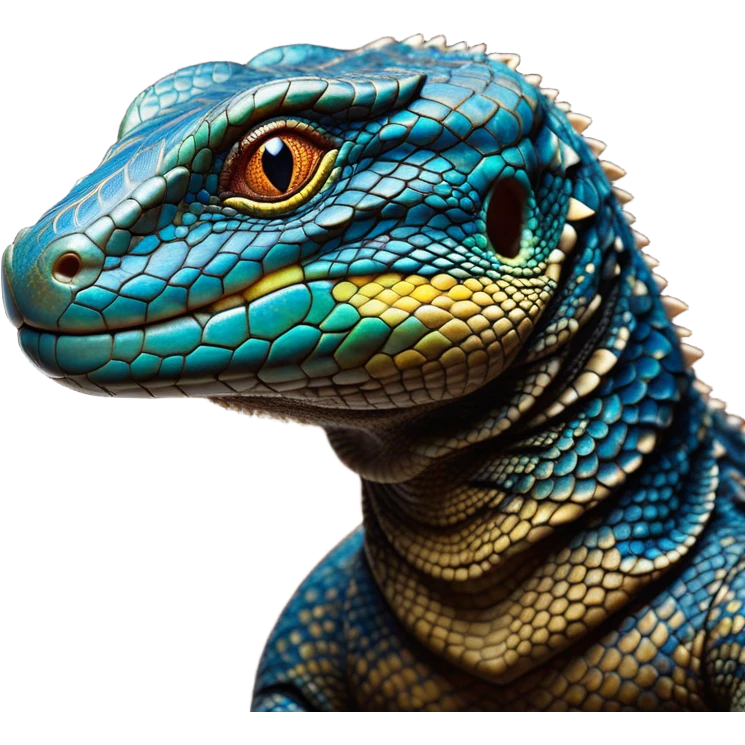 Cinematic Noble Monitor Lizard Portrait Emoji, Poised and regal, with a robust, scaled body exhibiting striking, mottled patterns and piercing, alert eyes, Simplified yet sharp and sophisticated features, highly detailed, glowing with a soft, earthy glow, high shine, intelligent and formidable, stylized with an air of ancient wilderness, focused and commanding, soft glowing outline, capturing the essence of a watchful and confident reptilian guardian that appears ready to stride out of the screen with effortless authority! emoji