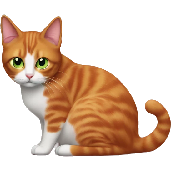 A red-haired cat with green eyes sits in front of a pink Christmas tree emoji