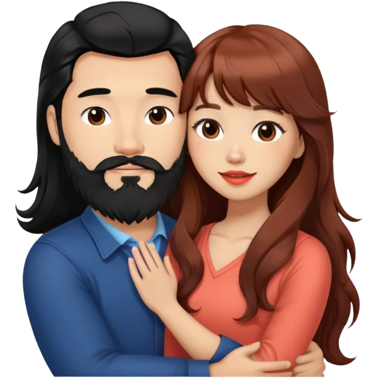 handsome mixed white asian man with long black hair and beard, hugging cute tan skin woman with long wavy reddish brown hair with bangs and coral lipstick emoji