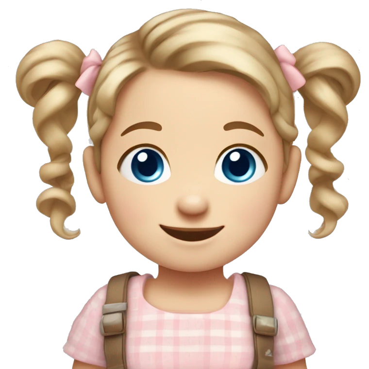 A toddler girl with 2 tiny pig tails on top of her hair with tiny bows, fair skin, blue eyes, light brown hair, smiling, wearing a pastel shirt emoji