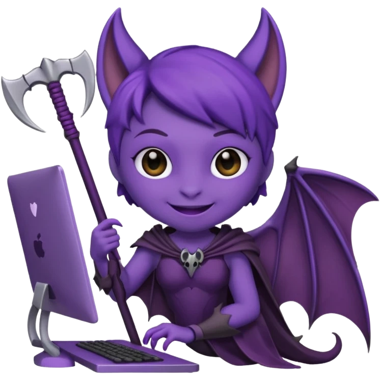 a happy purple girlie bat holding a scythe while sitting in front of her computer emoji