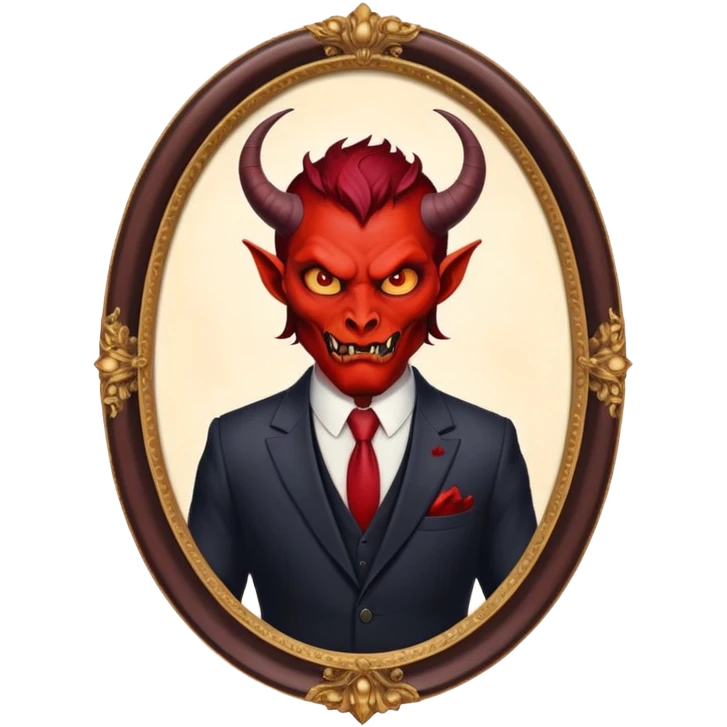 oval oil painting in frame, portrait of a demon in a suit emoji