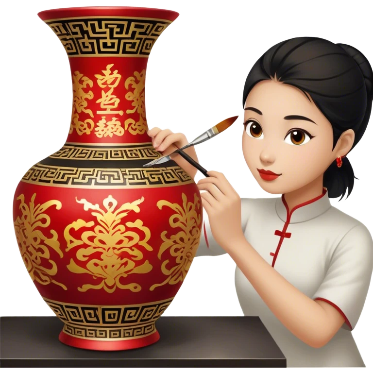 Chinese metal painting icon, process of painting Chinese patterns on a metal vase, visible fine paintbrush in hand, intricate brushstrokes with vibrant red, gold, and black colors, metal surface with detailed designs in progress, minimalistic style, clean lines, transparent background. emoji