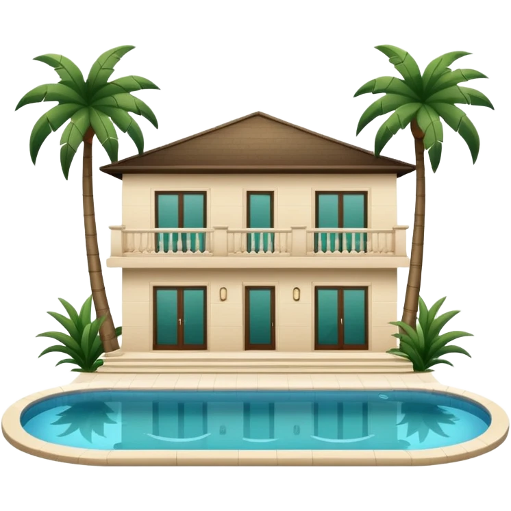 light beige luxury villa with dark green palm trees and swimming pool, side view, emoji style emoji
