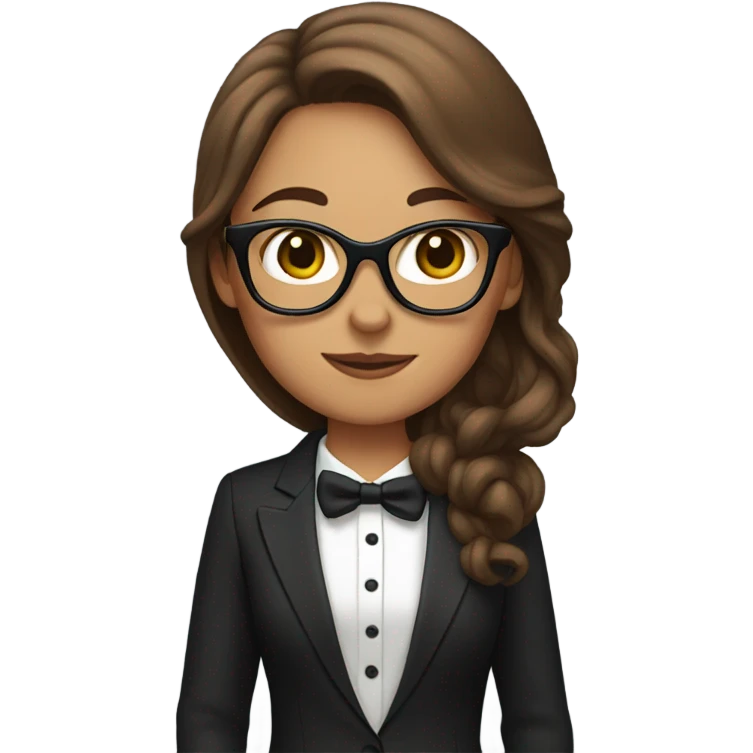 Woman with long brown hair and glasses with tuxedo cat emoji