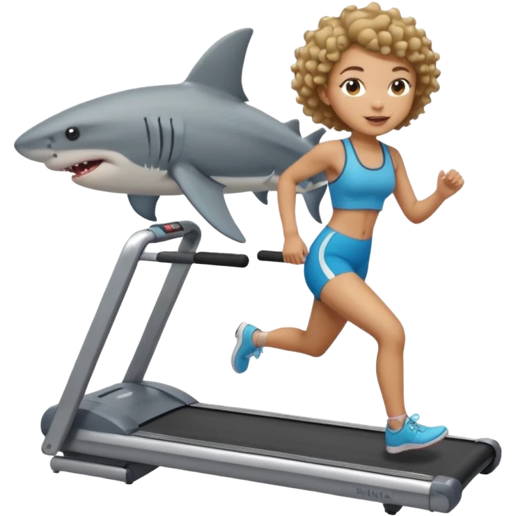 Short Light skin girl with short curly hair riding a shark on a treadmill   emoji