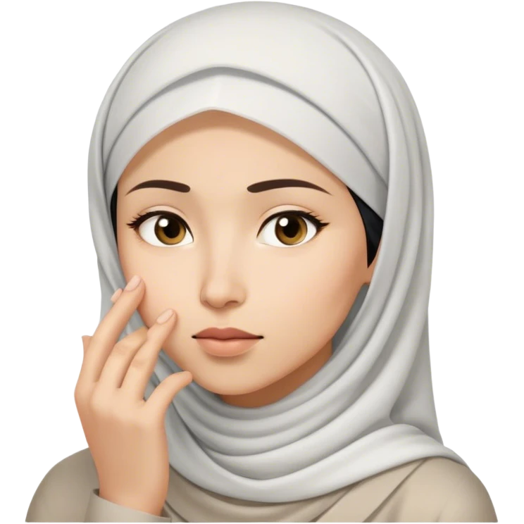 a white asian Muslim woman are thinking something. Her eyes rolling to up right. Her hand touching face. emoji