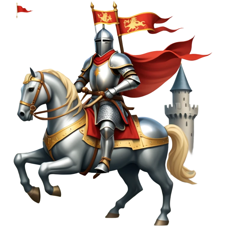 An icon representing an adventure game, inspired by medieval fantasy worlds. The design features a noble knight in gleaming armor, riding a powerful warhorse through a misty battlefield. The backdrop includes towering castles and banners flying in the wind, evoking a sense of honor, duty, and epic quests. Transparent background. emoji