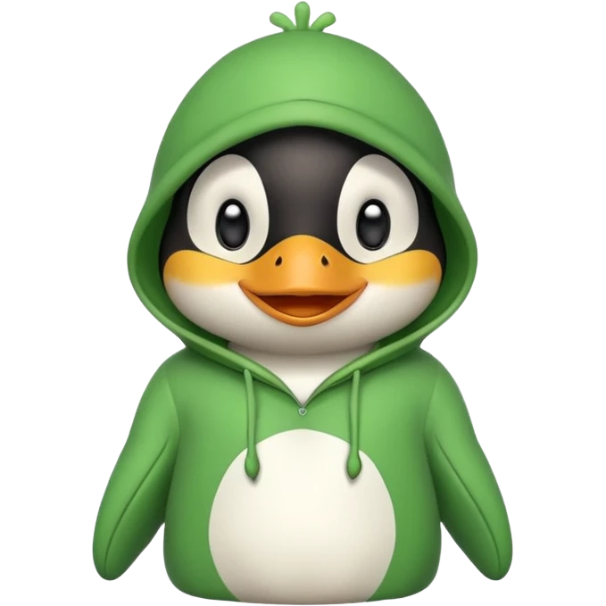 A cute penguin with a frog hoodie with a smile, smiley face in the middle emoji