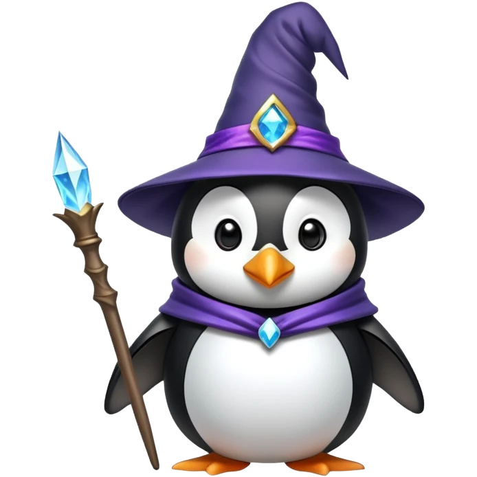 Penguin dressed as a wizard with a magical wand and pointy wizard hat emoji