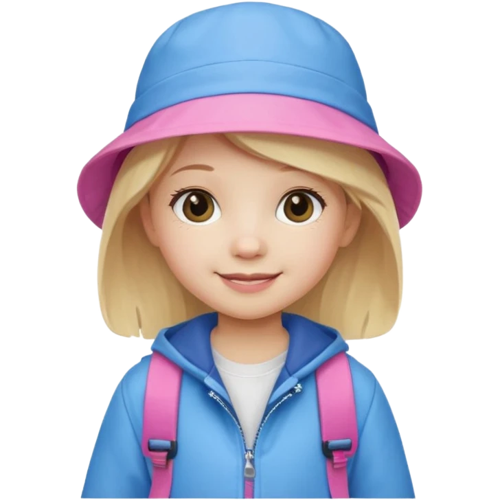 A little girl student white skin, blonde hair, with pink bucket hat, white jacket, blue backpack emoji