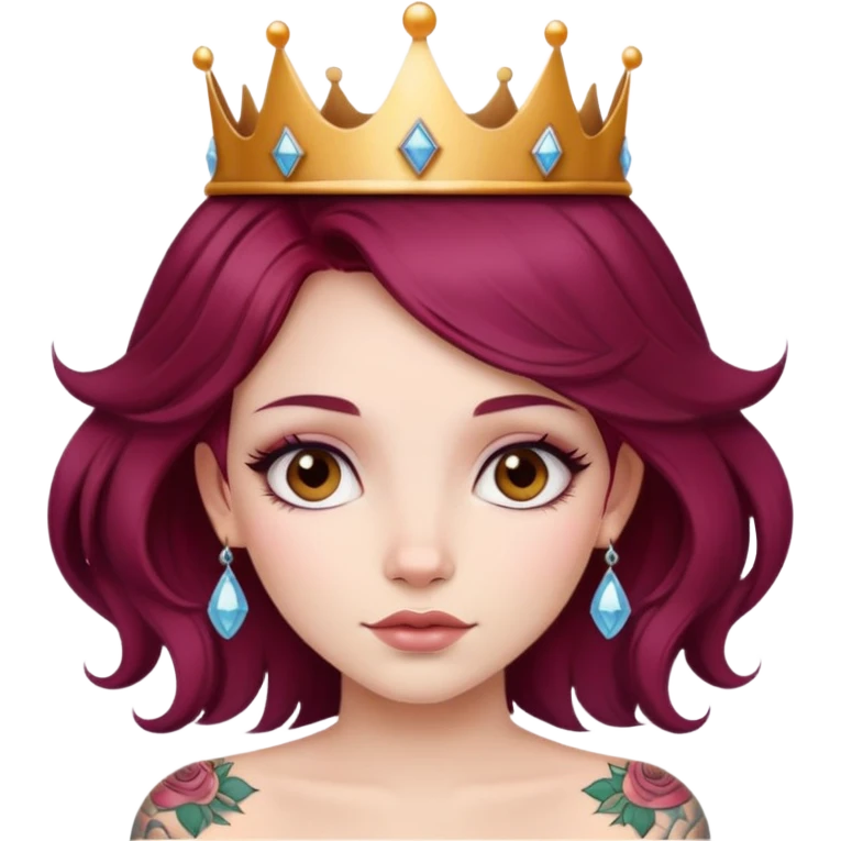 Beautiful tattooed long burgundy haired girl wearing a princess crown emoji