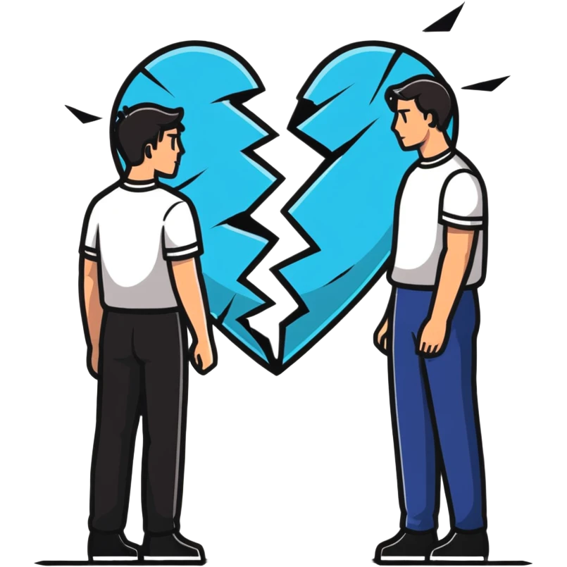 two men gay couple breaking up with a large shattered heart between them emoji