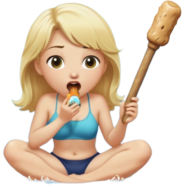 blond woman sitting on her knees, eating a wide stick with a half-round D-shaped knob, both the stick and knob are the same color as her skin, the knob has visible skin texture, water stream squirting from the flat side of the knob into her open mouth, surprised expression emoji