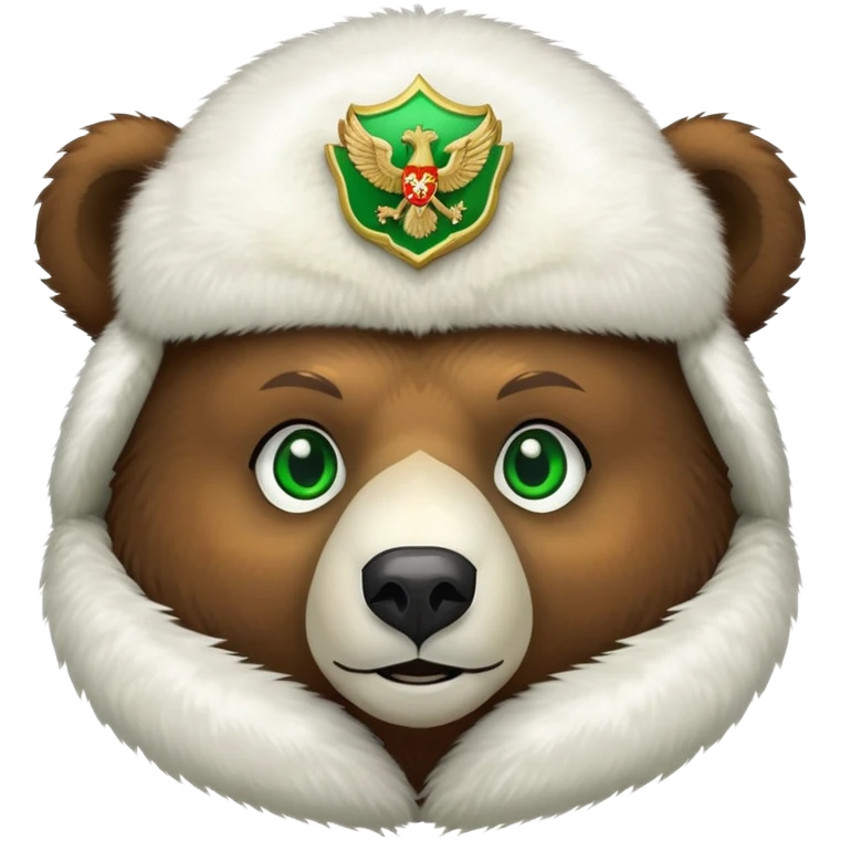 Friendly brown bear face with bright green eyes in a white fur ushanka with centered double-headed eagle emblem, Russian styled emoji
