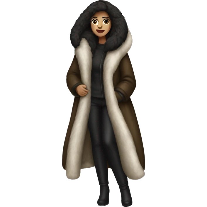 Dark haired woman wearing big full length fur coat emoji