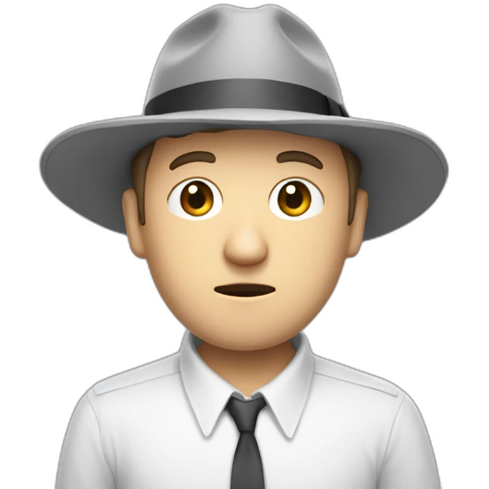 tim robinson wearing a grey fedora white shirt only looking scared and sad facing left - fabric attached to back of hat covering neck emoji