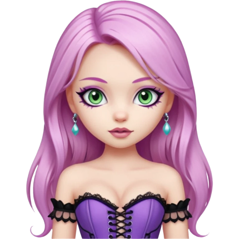 pretty bratz girl, long straight LIGHT pink HAIR, jade kitten eyes, black eyeliner, pale skin, purple corset clothes with laces emoji