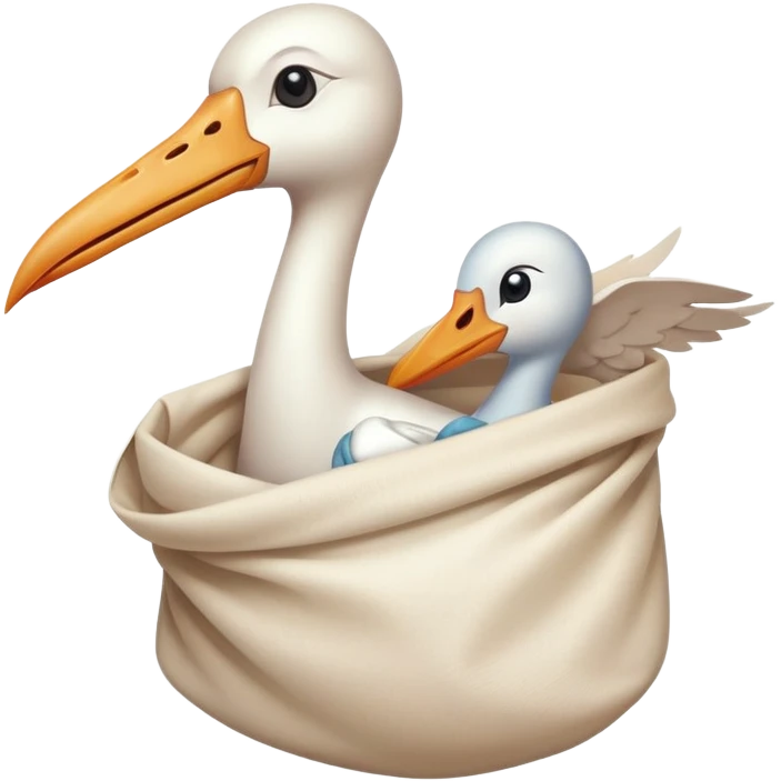 stork delivering a human baby in a white cloth bag emoji