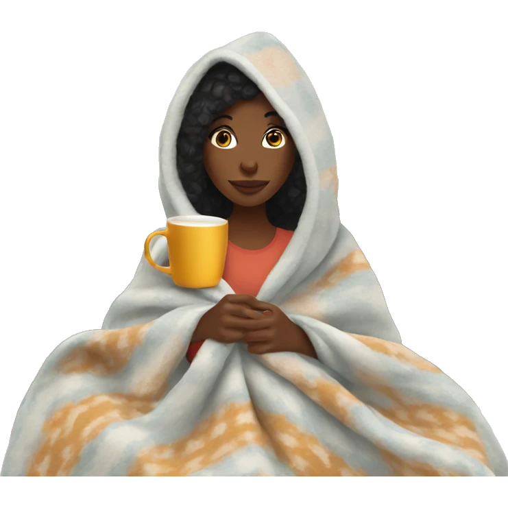Black woman wearing cozy blanket drinking tea  emoji