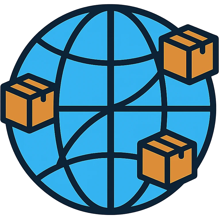 network globe with blue lines and realistic brown boxes at intersection points emoji