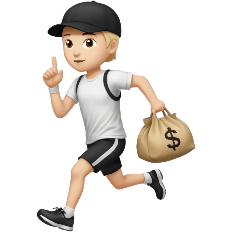 Thief with black cap white t-shirt with black Stripes emoji runing with money bag emoji