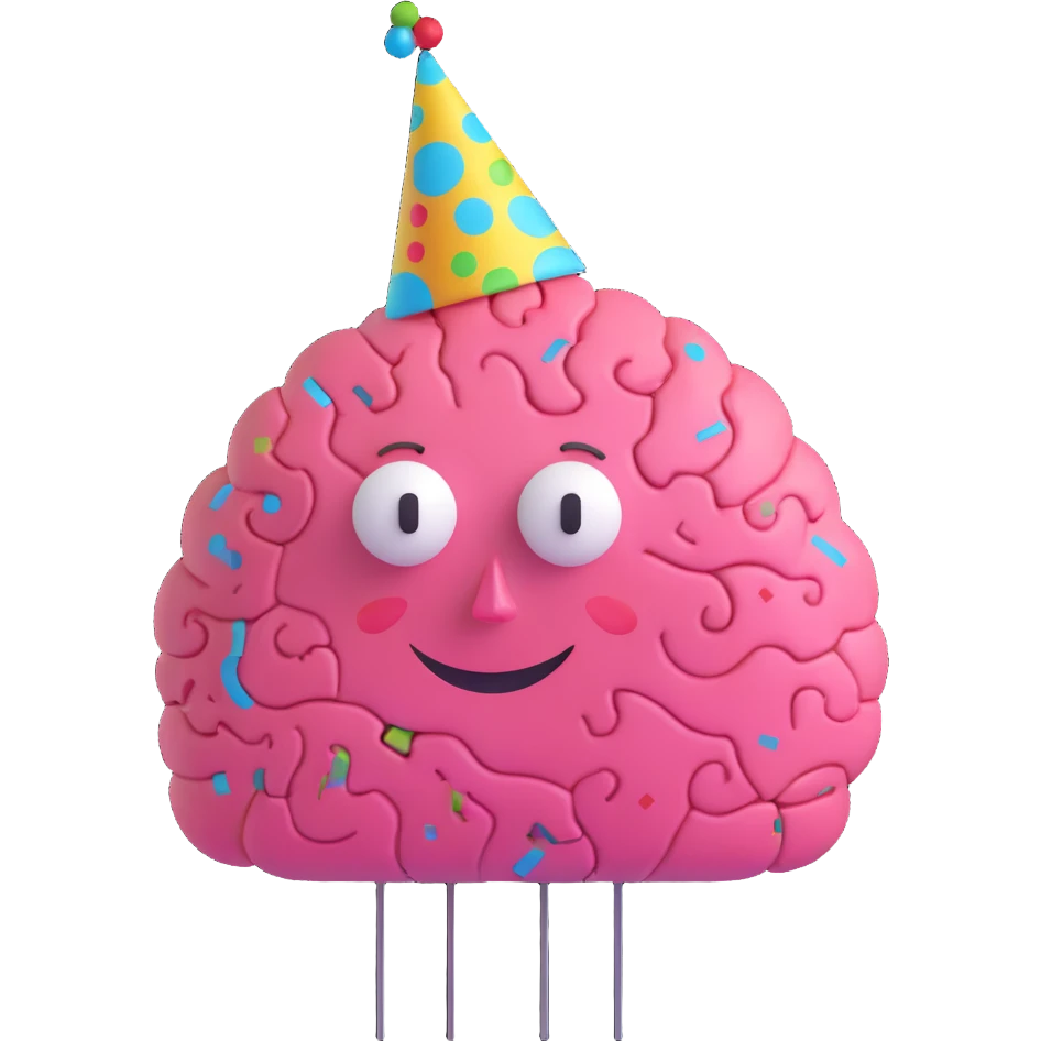 whimsical brain with digital circuit patterns and a happy face wearing a party hat, showing AI involvement in a playful manner emoji