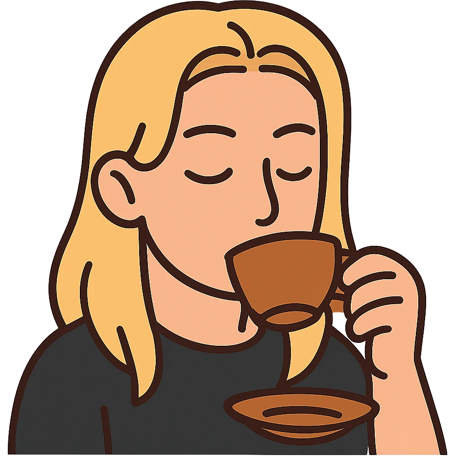 flat toon style emote of a long blonde male sipping tea, no background emoji