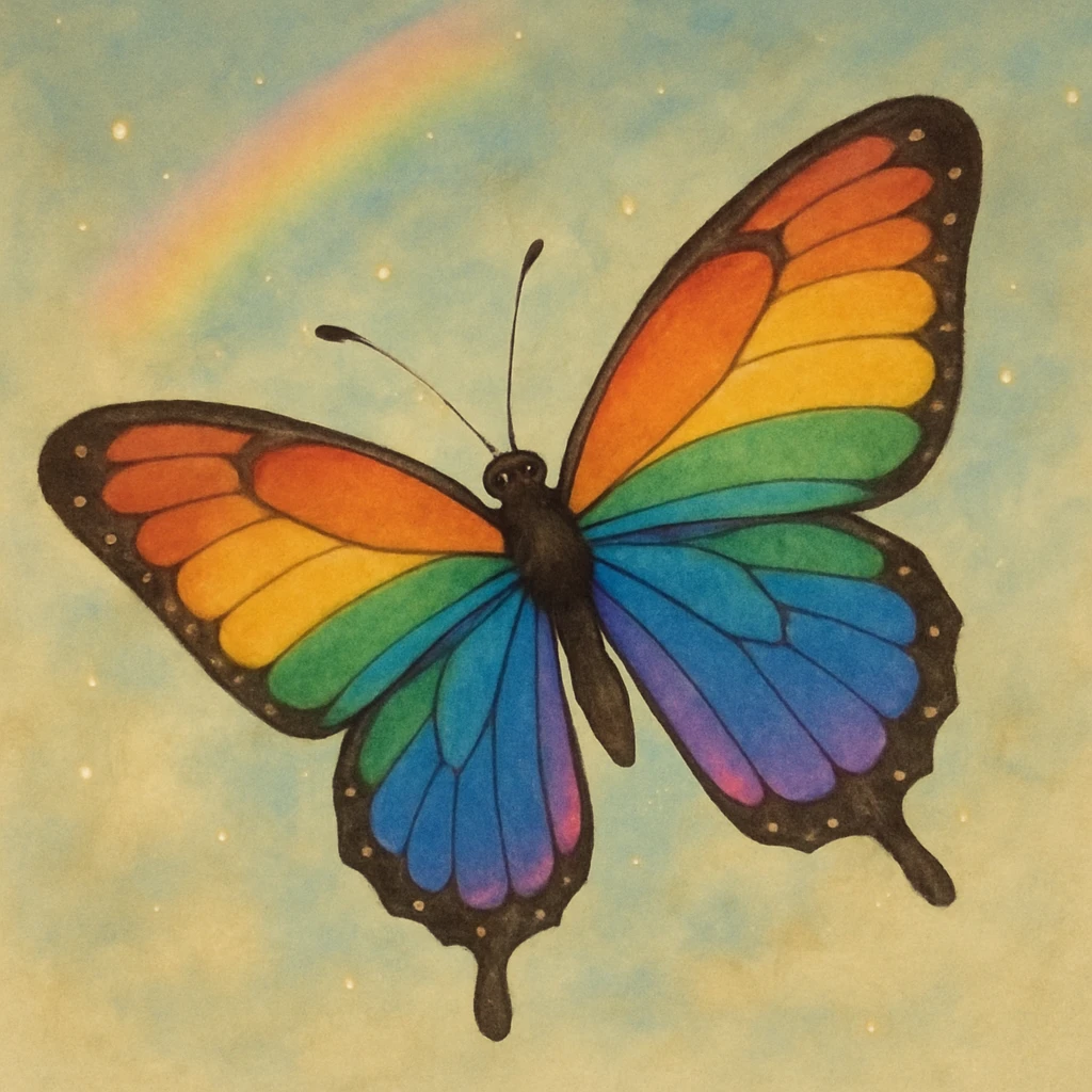 a butterfly in ghibli style, gentle shading, magical atmosphere, rainbow pride colors emoji