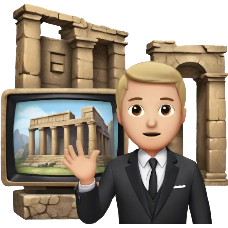 Icon for Documentary Film (TV style): a host presenting in front of video footage showing ancient ruins. The design should evoke a vintage TV broadcast with historical content, complete with a clear view of the host and the ruins behind. Transparent background. emoji