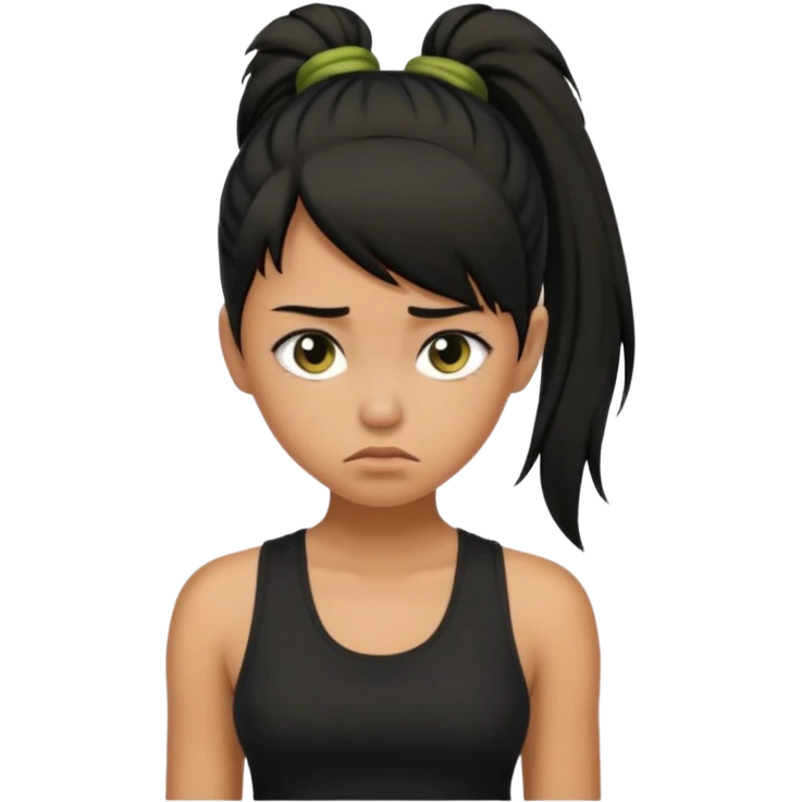 a tan girl with a black ponytail, black tank top, . Looking sad emoji