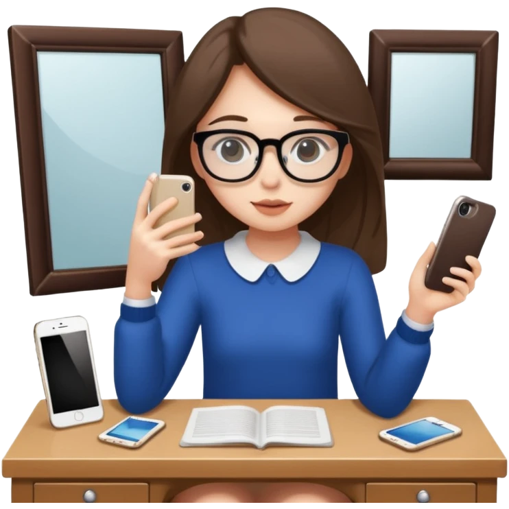 Girl sitting at vanity taking out picture with iphone 15 plus and study materials on the vanity emoji