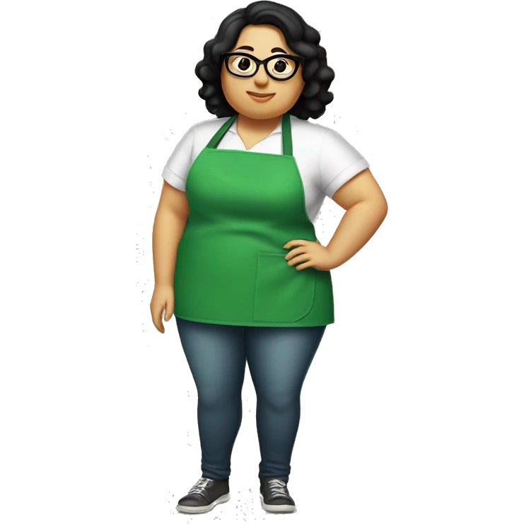 chubby lady with black hair green apron  with glasses cooking tacos emoji