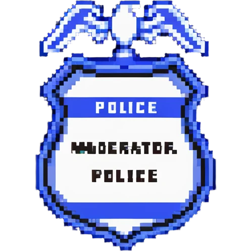 Blue and white police-style badge with MODERATOR text emoji