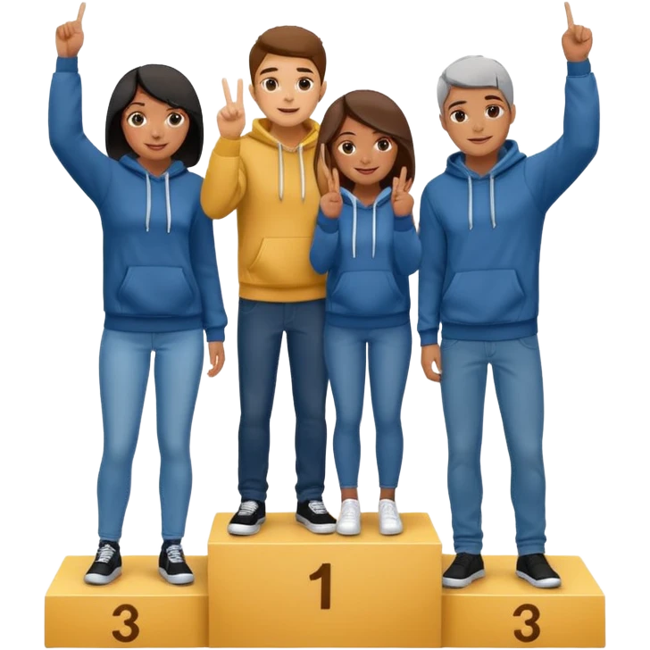 three multi-racial people in jeans and hoodies on a winners podium, center step higher, no numbers, center person holds up one finger on each hand, cheerful fun expressive emoji style emoji